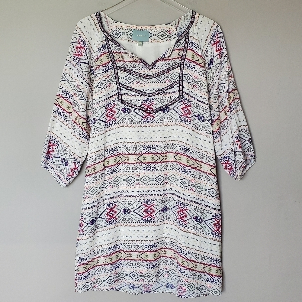 Anthropologie Cream Boho Printed Shift Dress with Pink & Blue Accents - Picture 4 of 13